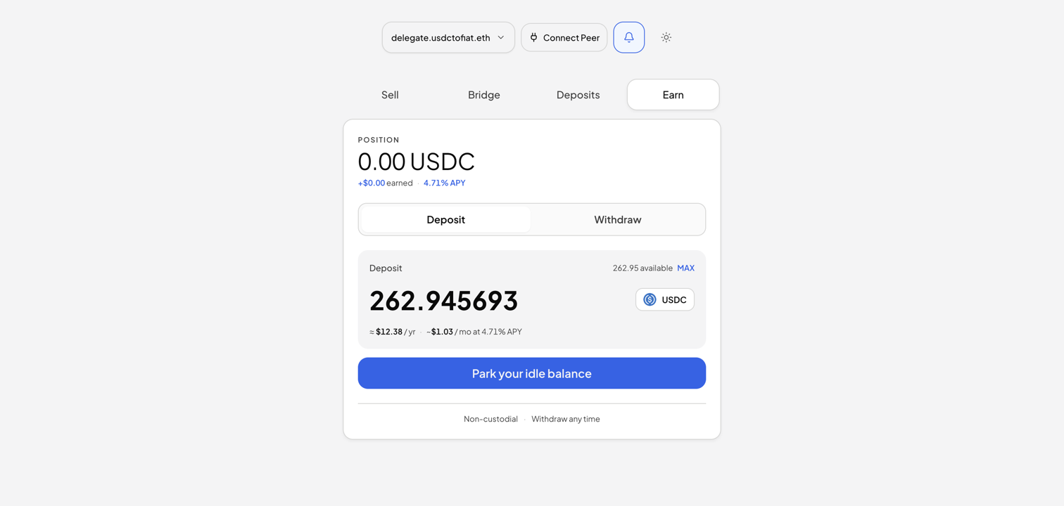USDCtoFiat Earn tab routing idle USDC into a non-custodial Morpho vault